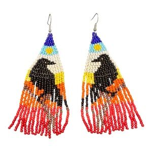 Beaded Fringe Earrings Black Crowe Mountain Southwestern Boho dangles J23